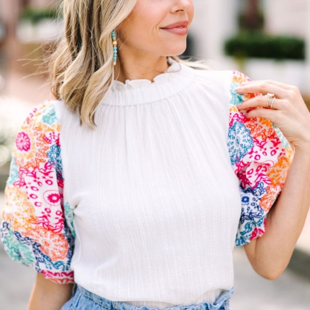 THML White Blouse with Colorful Puff Sleeves